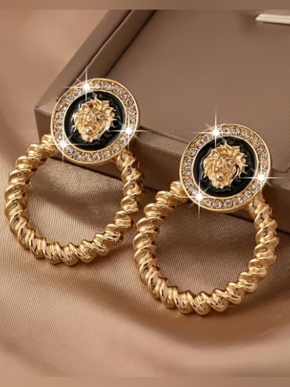 Gold Lion Medallion Fashion Earrings w/ Black Enamel Accent Luxury Inspired NWT
